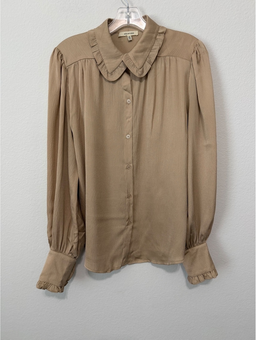 Max Studio Long Sleeve Button Up Ruffled Collared Textured Blouse Women's Size M